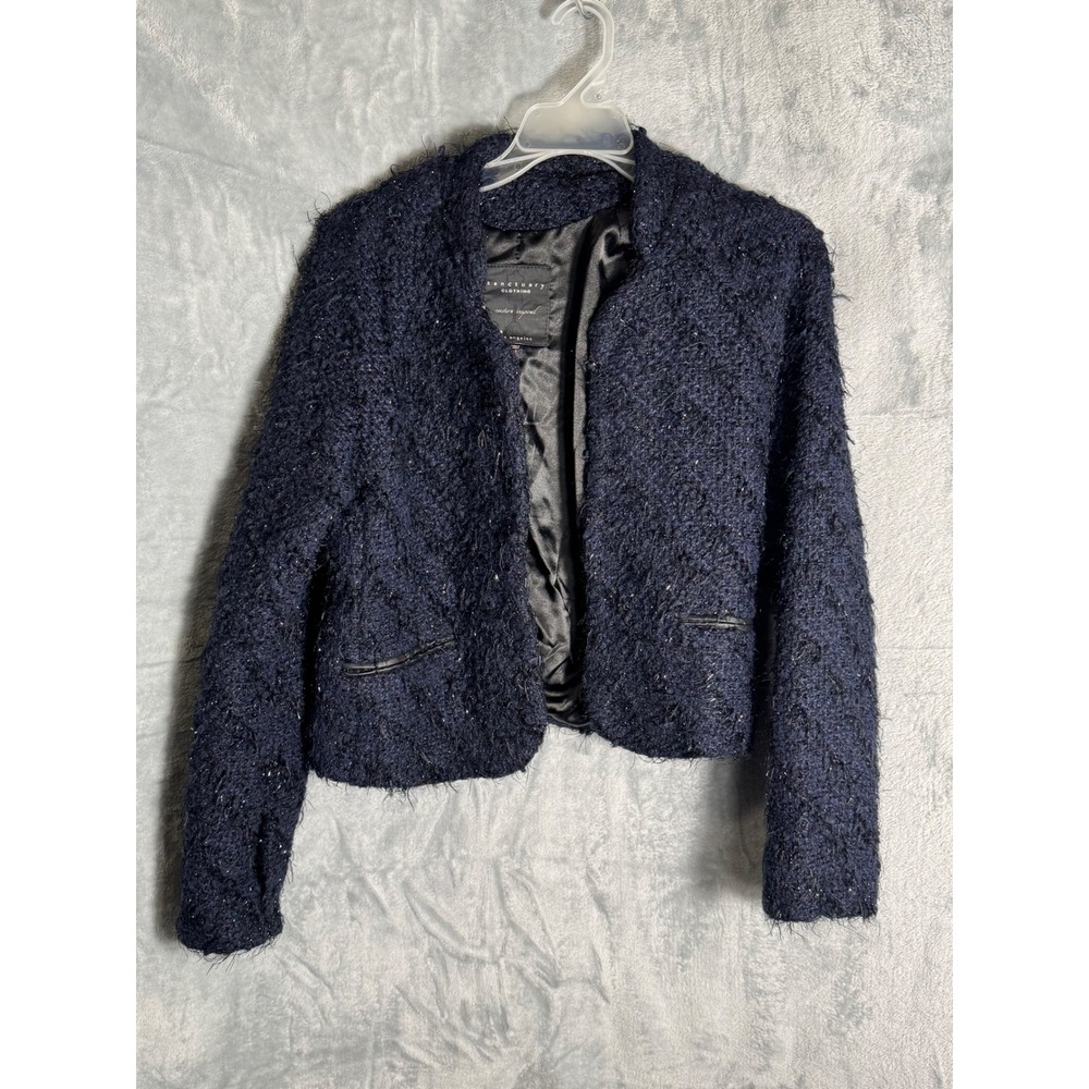 Sanctuary Clothing Navy Blue Eyelash Knit Cropped Jacket Metallic Shimmer  small